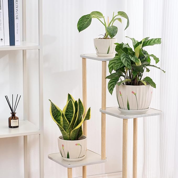 4/5/6 Inches Ceramic Plant Pots with Drainage Holes and Saucers, Round Flower Pots for Indoor Plant, Small Flower Planters Set of 3 (White Floral-Big Size)-Ruum Studio Home