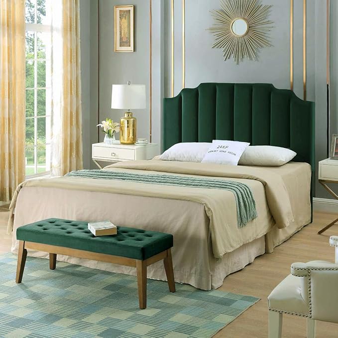 24KF Jade Velvet Tufted Queen Upholstered Headboard, Modern Vertical Channel Design California Queen/Full Headboard with Stepped Silhouette Top Edge,Jade-Ruum Studio Home