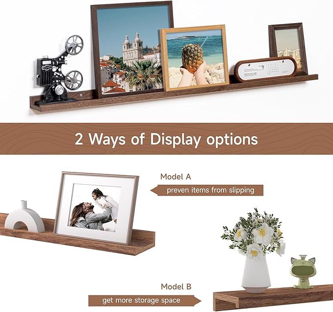 Fun Memories Picture Ledge Shelf, 48 Inch Floating Shelves Set of 2, Large Nursery Book Shelves for Toys Storage, Kids Bookshelf Wall Mounted for Wall Decor Books Photo Frames, Walnut-Ruum Studio Home