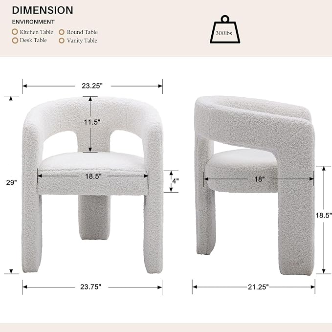 White Boucle Dining Chairs Set of 2, Modern Barrel Dining Room Chairs Upholstered Faux Fur Accent Chair with Arms and Round Back for Living Room Kitchen Armchair No Assembly Needed-Ruum Studio Home