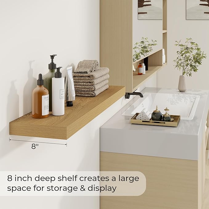 36 inch Floating Shelves Wall Shelves for Office with Invisible Brackets, 8 inch Deep Shelves for Bathroom, Living Room, Kitchen, Office, 36x7.9 inch deep Set of 2, Oak-Ruum Studio Home