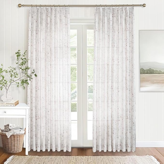 Pink Floral Pinch Pleated Linen Curtains - 2 Panels of Privacy Light-Filtering Printed Curtains Suitable for Dining Rooms and Farmhouses.84 Inches Wide by 84 Inches Long-Ruum Studio Home