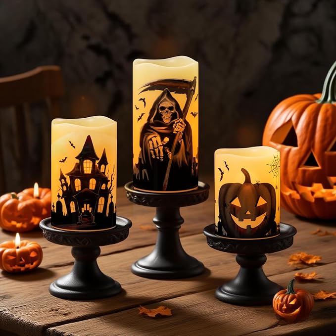 Wondise Halloween Flameless Flickering Candles with 6 Hour Timer, Battery Operated Real Wax Halloween Candles Set of 3 Halloween Decoration Grim Reaper, Haunted House, Pumpkin (3 x 4 5 6 Inch)-Ruum Studio Home