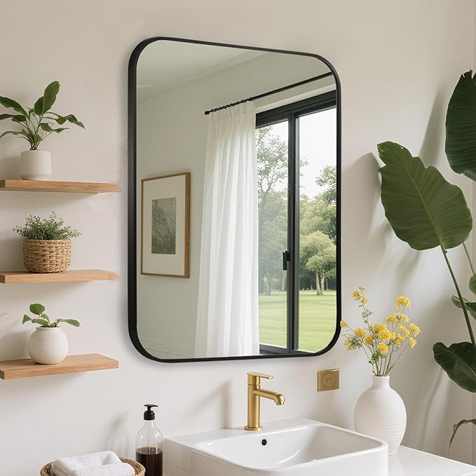 FARMER 24x32 Inch Black Bathroom Mirror, Rectangle Vanity Mirror, Brushed Mirrors for Wall, Metal Frame Hanging Mirror with Round Corner for Bedrooms, Entryways, Living Rooms, Horizontal/Vertical-Ruum Studio Home