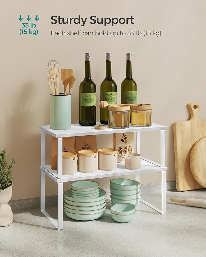 SONGMICS Cabinet Organizer Shelf, Set of 2 Kitchen Counter Shelves, Kitchen Storage, Spice Rack, Stackable, Expandable, Metal and Engineered Wood, Cloud White and Snow White UKCS025W01-Ruum Studio Home