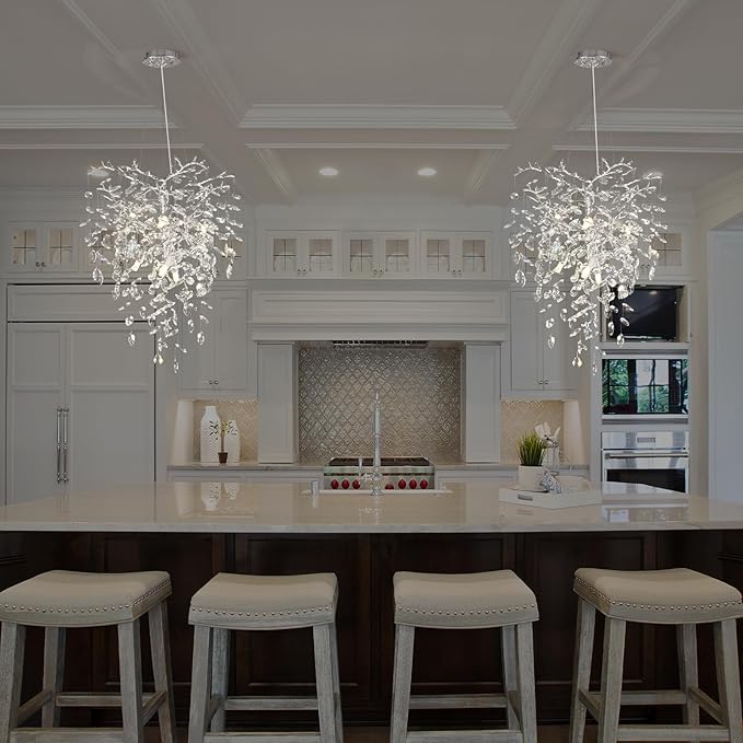 Silver Crystal Tree Branches Chandelier,21 Inchs 6 Lights Modern Round K9 Crystal Chandeliers for Dining Room, Bedroom, Living Room, Foyer,Kitchen Island,Bathroom-Ruum Studio Home