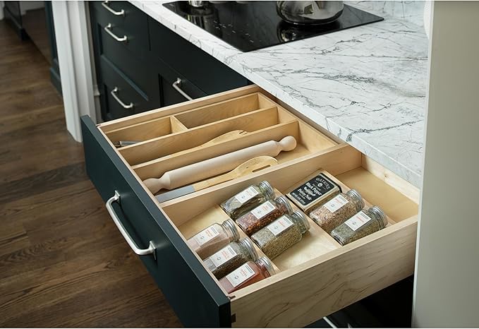 Rev-A-Shelf 16" 3 Tiered Seasoning Organizer, Trim-to-Fit Wooden Kitchen Draw and Cabinet Home Storage Insert, Pull Out Spice Rack, Maple, 4SDI-18-Ruum Studio Home
