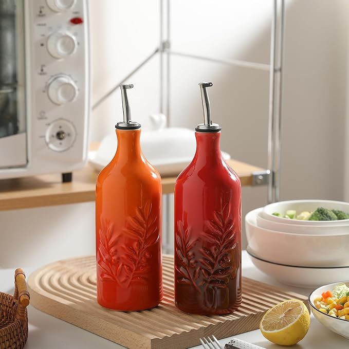 Sweejar Ceramic Olive Oil Dispenser Bottle, 20 Oz Relief Opaque Oil Cruet Protects To Reduce Oxidation, Suitable for Storage Soy Sauce, Coffee Syrup, Liquids, Set of 1 (Gradient Orange)-Ruum Studio Home