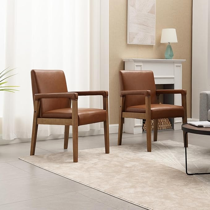 Mid Century Modern Dining Chairs Set of 4 Faux Leather Upholstered Living Room Side Chair, Kitchen Arm Chair with Solid Wood Legs for Home Kitchen & Restaurant, PU Brown-Ruum Studio Home