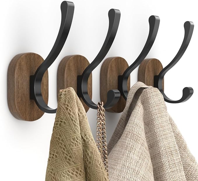 Wall Hooks for Hanging Coats - 4 Pack Coat Hooks Wall Mounted, Wood Coat Hooks for Wall, Bussdis Single Metal Hooks for Hanging Hats, Keys, Towel, Robe, Purse, Jackets, Decorative Livingroom, Bathroom-Ruum Studio Home