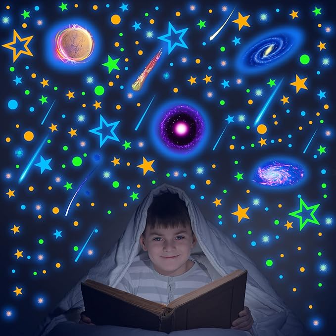 Spakon 495 Pcs Glow in The Dark Moons and Stars Wall Decals for Ceiling,Glowing Planets Wall Stickers Removable Galaxy Solar System Space Decal Nursery Stickers for Kids Bedroom Living Room Decor-Ruum Studio Home