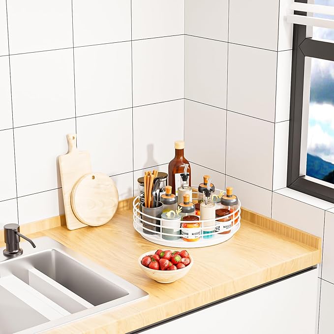 Snack Organizer - Versatile Snack Storage, Lazy Susan with Convenient Grab-and-Go Design, Metal Snack Holder for Home, Office, Breakroom, 11.85" L x 11.85" W x 4.17" H (White)-Ruum Studio Home