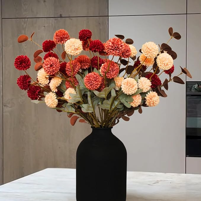 Fall Flowers, Burnt Orange Faux Kiku Flowers Artificial 10 Stems + Eucalyptus, Fake Silk Mums Fall Floral Centerpiece, Autumn Decor, Terracotta Mini Balls Faux Stems For Vase, Decoración de Otoño-Ruum Studio Home