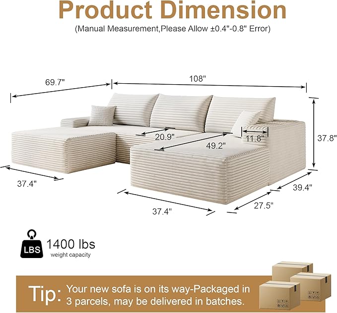 108" Sectional Couches for Living Room Modern Modular Sofa with L-Shape Couchs Upholstered Boneless Couch Deep Seat Sectional Couch with Chaise (White, Right Facing Chaise+2Seaters+1Ottoman)-Ruum Studio Home