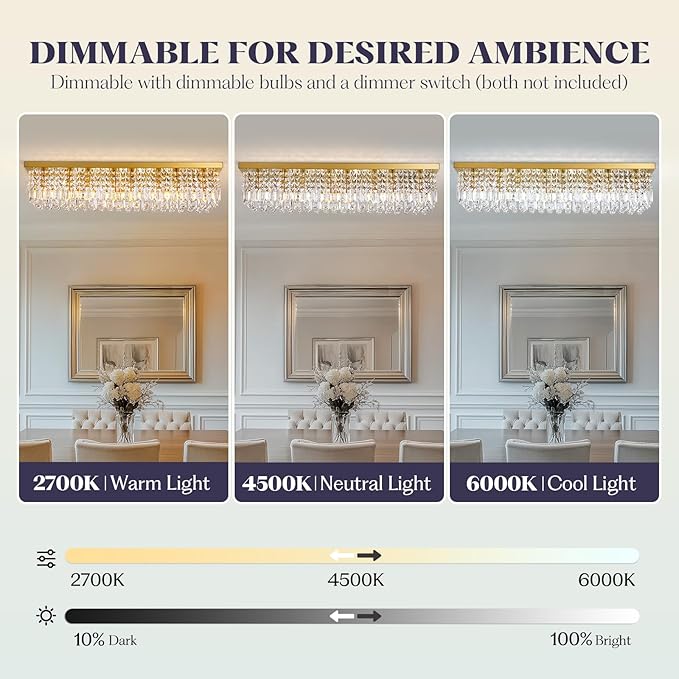 Rectangle Chandelier 8-Light Crystal Chandeliers, Modern Dining Room Light Fixture Luxury Gold Rectangular Flush Mount Chandelier Ceiling Light for Dining Room Living Room Kitchen Island Bar L40 Inch-Ruum Studio Home