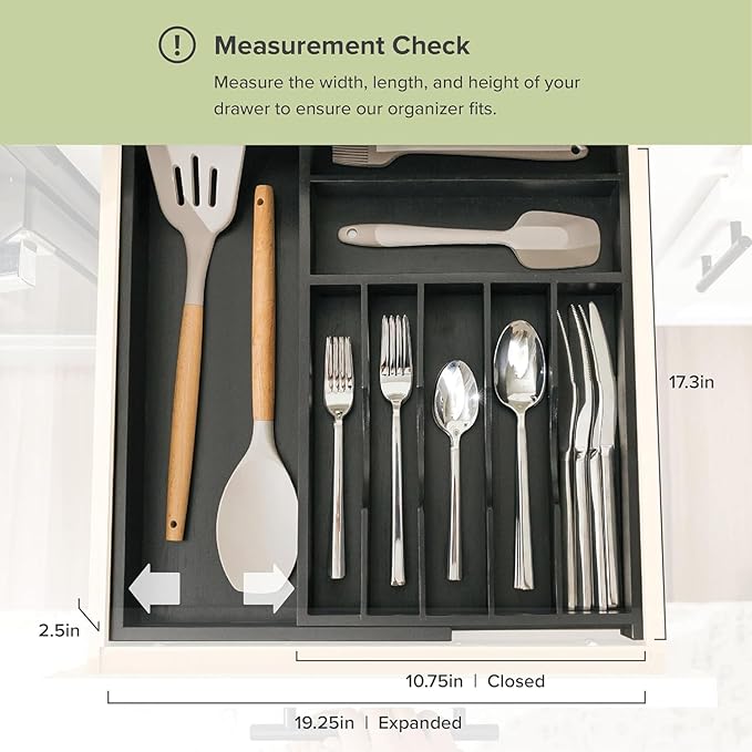 Premium Silverware, Flatware and Utensil Organizer for Kitchen Drawers, Food-Safe Contract Grade, Expandable from 10.5 to 19 In, Black Bamboo-Ruum Studio Home