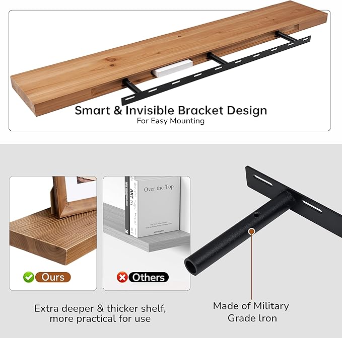 Floating Shelves for Wall, USA-Sourced Fir Wood 48 Inch Wall Shelves Set of 1, Natural Rustic Solid Wooden Floating Shelves Wall Mounted, Nursery Book Storage Shelf, Display Shelf for Bathroom-Ruum Studio Home