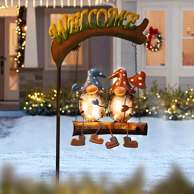 HONGLAND Gnome Garden Decor with Solar Lights, Funny Gnomes Swing Outdoor Decor, Gardening Gifts for Women Mom, Gnomes Yard Decorations with Welcome Sign for Lawn Porch Backyard Patio-Ruum Studio Home