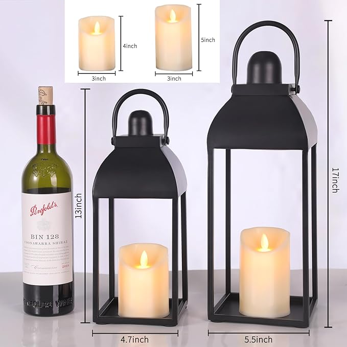 Lanterns Decorative Outdoor Indoor, Black Metal Outdoor Lanterns, 17'' 13'' Set of 2 Modern Farmhouse Candle Lantern Halloween Lanterns Centerpieces for Home, Wedding, Patio, Porch, Mantel-Ruum Studio Home