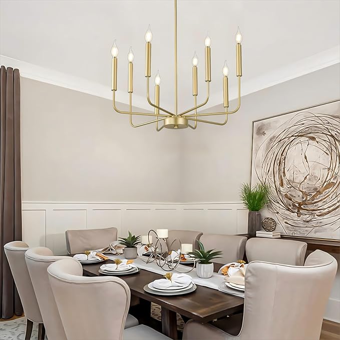 Modern Gold Farmhouse Chandeliers, 8-Light Industrial Metal Chandelier Lighting, Classic Candle Hanging Pendant Light Fixtures for Kitchen Bedroom, Dining Room, Living Room,Foyer-Ruum Studio Home