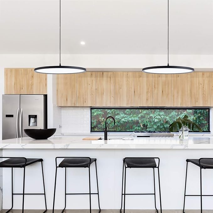 MADEM Modern LED Pendant Light 23.6'' Disc Chandelier Hanging Lighting Fixture with Acrylic Shape Dimmable Office Chandelier 6000K for Office Room Football Bedroom Decor Kitchen Island, Black-Ruum Studio Home