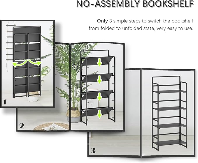 4NM No Assembly Foldable Bookshelf, 4-Shelf Collapsible Bookcase Storage for Small Spaces, 54" H, All Black-Ruum Studio Home