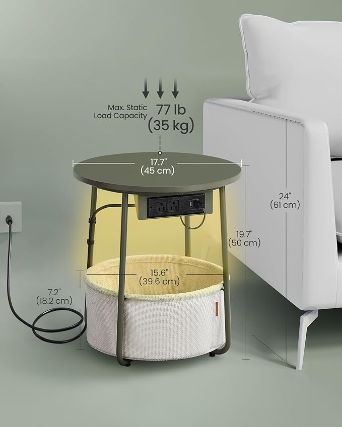 VASAGLE Side Table with Charging Station, Round End Table with Fabric Basket, LED Nightstand with Power Outlets, USB Ports, for Living Room, Bedroom, Modern, Forest Green and Cream White ULET227C01-Ruum Studio Home