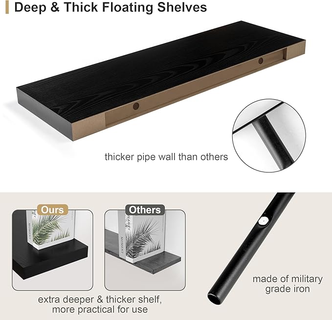 Heimlove 12" Deep Floating Shelves Black,Over Toilet Long Wall Mounted Modern Farmhouse 36 inches,Wall Shelves with Invisible Brackets for Bedroom, Bathroom, Living Room, Kitchen, Set of 1-Ruum Studio Home