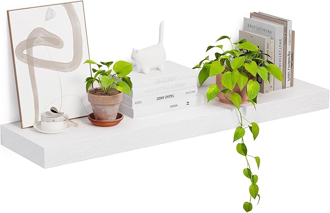 Heimlove 12 Inch Deep Floating Shelves, 48 x 12 inches Long, Large Display & Storage Shelf, Rustic Wood Wall Shelves for Fireplace Mantel, Set of 1(White)-Ruum Studio Home