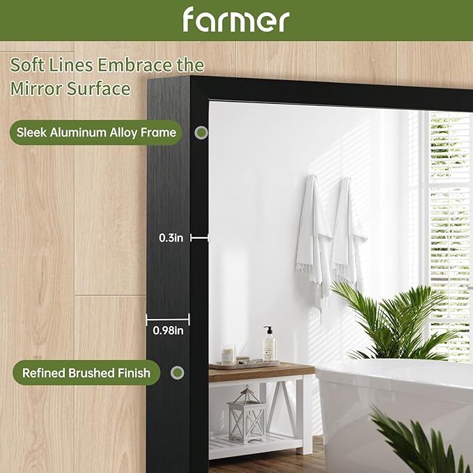 FARMER 24x32 Inch Black Bathroom Mirror, Rectangle Wall Mounted Mirror, Vanity Mirror, Brushed Square Mirror, Framed Bathroom Mirror for Bedrooms, Entryways, Living Rooms, Horizontal/Vertical-Ruum Studio Home
