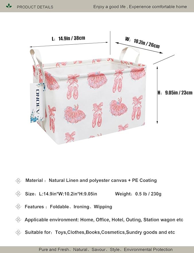 Rectangular Folding Laundry Basket,waterproof Canvas Basket,gift basket,Suitable for children's room,Office,Clothes,Toys Storage(Pink lace dance shoes)-Ruum Studio Home