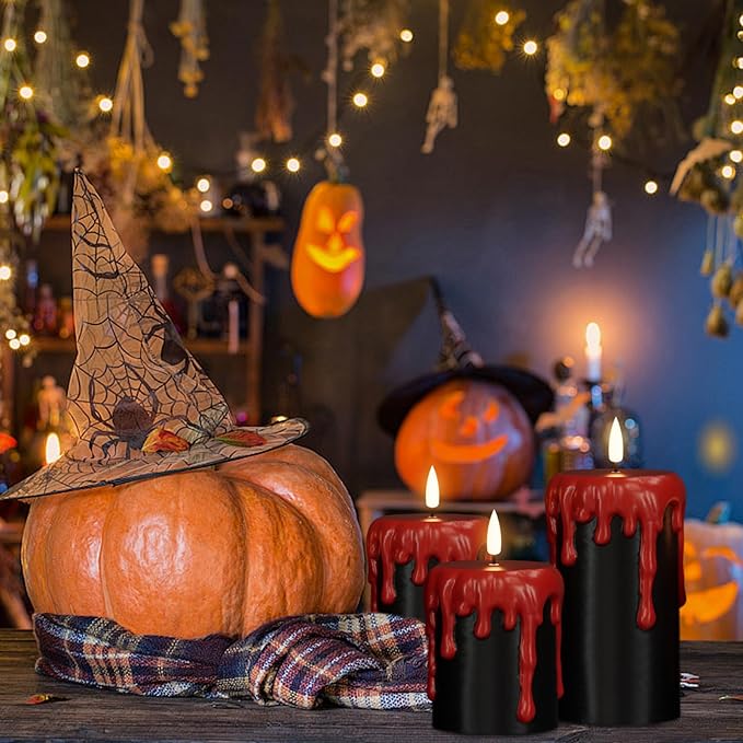 Wondise Halloween Flameless Candles with 6H Timer, Battery Operated Dripping Real Wax Black LED Pillar Candles 3D Wick Flickering Spooky Halloween Indoor Decoration (3 Pack, 3 x 4,5,6 Inches)-Ruum Studio Home