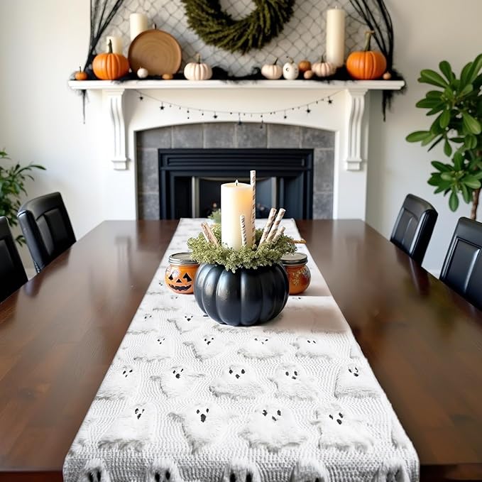 Halloween Table Runner Ghost Soft Plush Faux Fur Halloween Table Runner Hallowee Home Decor, Holiday Kitchen Dining Table Decoration for Home Party Decor 13x72 Inch-Ruum Studio Home
