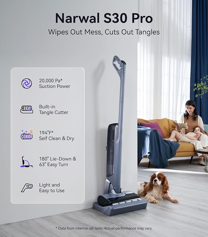 NARWAL S30 Pro Wet Dry Vacuum Cleaner with 20000Pa Suction, Cordless Vacuum Mop for Hard Floors, Tangle-Free Hair-Cutting, 180° Lie Flat, 194°F Self-Cleaning, Disposable Waste Bag, Edge Cleaning-Ruum Studio Home