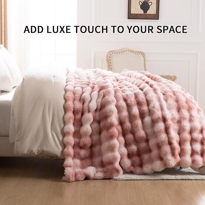 Cozy Faux Fur Throw Blanket for Couch-Warm Fuzzy Throw Blanket, Soft Plush Thick Bubble Blankets for Bedroom and Living Room, Furry Luxury Blanket, 90 x 90, Tie-Dye Pink-Ruum Studio Home