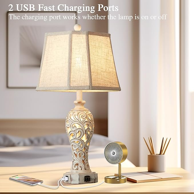 Set of 2 Rustic Table Lamps for Living Room Bedroom, Farmhouse Vintage Nightstand Lamp with 2 USB Ports, Hollow Out Resin Lamp for End Table with Nightlight, Bulbs Included (Wash White)-Ruum Studio Home