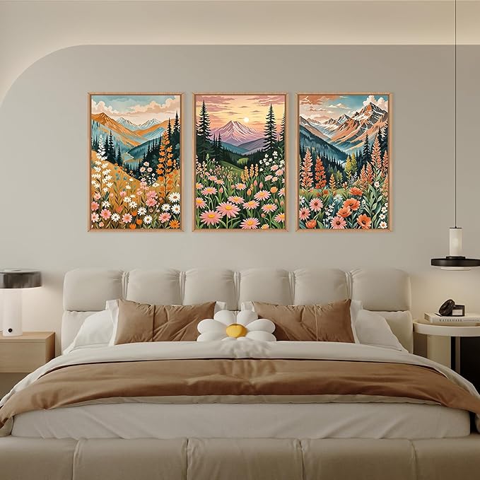 HPINUB Mountain Sunset Floral Framed Canvas Wall Art Set,Colorful Wildflower Daisy Flower Wall Decor,Boho Blossom Botanical Artwork Modern Nature Landscape Art Print for Living Room,Bedroom-16 x24 x3-Ruum Studio Home