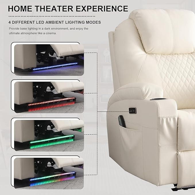 Power Recliner Chair with Heat and Massage, PU Leather Home Theater Seating with LED Lights/Cup Holders/Side Pocket/USB Port, Reclining Sofa Chair for Living Room (1, Beige)-Ruum Studio Home