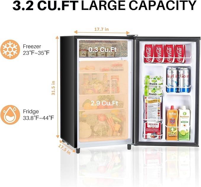 Atilioo Upgraded Mini Fridge with Freezer 3.2 Cu.Ft Compact Dorm Refrigerator Small Cooler for Bedroom Office, Single Door Adjustable Thermostat Low Noise, 17.5" D x 17.7" W x 31.5" H, Black-Ruum Studio Home