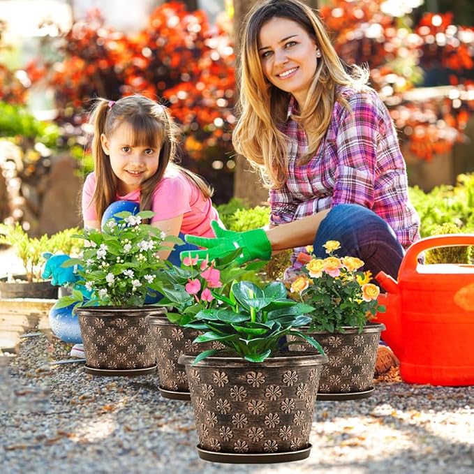 12 Inch Planter Pots for Plants, Plastic Large Flower Pots Indoor Outdoor, 4 Pack Resin Plant Pot with Drainage & Saucer, Retro Decorative Garden Pot with Removable Trays for House-Ruum Studio Home