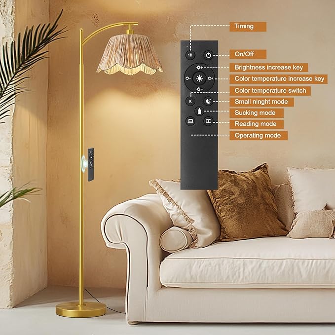 Oneach Boho Floor Lamp with 3 Color Temperatures, Farmhouse Floor Lamps for Living Room with Remote & Dimmable Bulb, Rattan Floor Lamp for Bedroom, Gold-Ruum Studio Home