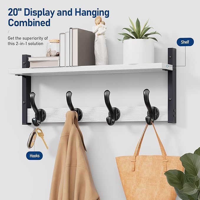 Tatub 20" Rustic Coat Rack Wall Mount with Shelf, Wall Hooks with Shelf, Heavy Duty Entryway Organizer Hangers for Hanging, Hat, Bag, Jacket for Bathroom, Living Room, Bedroom, White-Ruum Studio Home