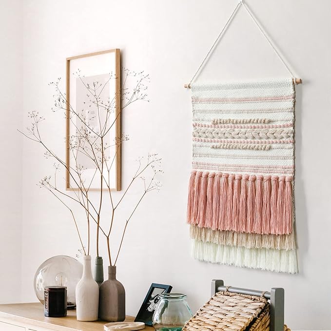Dremisland Macrame Woven Wall Hanging Home Decor Bohemian Beige Geometric Wave Art Decor with Wool Ball and Tassle-Elegant Apartment Bedroom Dorm Room Door Decoration (Pink Line)-Ruum Studio Home