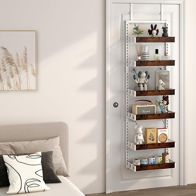 bukfen Over the Door Pantry Organizer, 6-Tier Adjustable Wooden Basket Kitchen Pantry Door Organization and Storage, Heavy-Duty Metal Hanging Kitchen Spice Rack,D6.3 x W17.71 x H50.60 inch,White-Ruum Studio Home