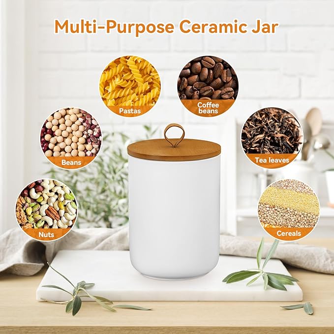 Canister Sets for Kitchen,Ceramic Kitchen Canisters for Countertop with Airtight Wood Lids for Serving Ground Coffee, Tea, Spice, Grains, Sugar, Salt (White Pack of 3 (8.7/27/44 Oz))-Ruum Studio Home