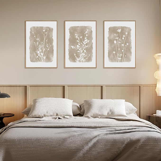 HPINUB Large Boho Wildflowers Canvas Framed Wall Art Set,Minimalist Vintage Flower Wall Decor,Beige Floral Botanical Artwork for Living Room Bedroom,Dining Room,Office -16"x24"x3-Ruum Studio Home