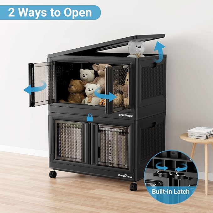 300Qt Stackable Storage Bins with Lids, 75Gal Closet Organizers and Storage Drawer, Plastic Collapsible Storage Bins with Doors, Heavy Duty Store Box Cabinet for Home Kitchen, 3Pack Black-Ruum Studio Home