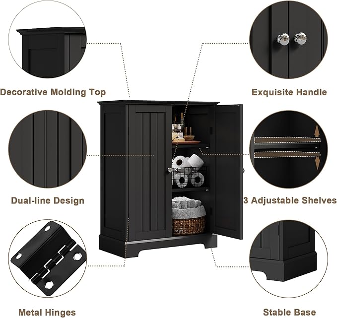 ChooChoo Bathroom Floor Cabinet, Modern Bathroom Storage Cabinet with 2 Doors and Adjustable Shelves, Freestanding Cupboard for Living Room, Black-Ruum Studio Home