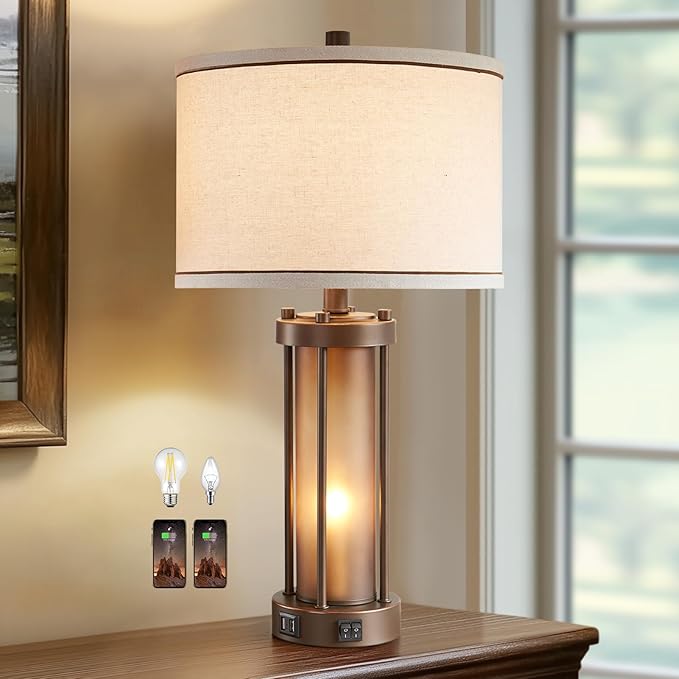 Farmhouse Table Lamps for Living Room with 2 USB Charging Ports, Vintage Rustic Nightstand Lamp with Amber Glass Nightlight, Retro Desk Lamp for Bedroom Entryway, 2 Bulbs Included-Ruum Studio Home