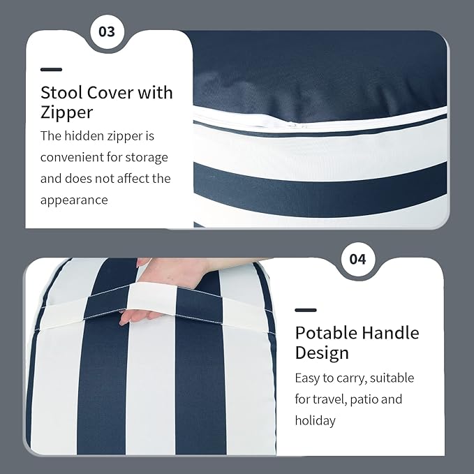 Inflatable Ottoman Stool D21 xH9 for Outdoor/Indoor Use, Water Repellent Patio Foot Rest Stool with Portable Handle,Round Pouf Ottoman Suitable for Garden,Deck and Camping - Cabana Navy-Ruum Studio Home